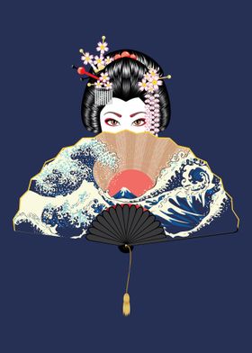 Geisha and fan with sea