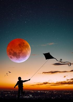 Kite Children and Moon