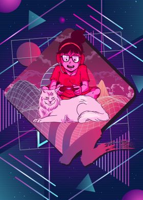 Vaporwave Girl gaming cat