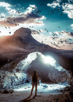 Mountain Cave and Blue Sky