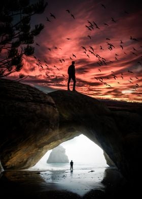 Beach Cave Red Clouds Sky