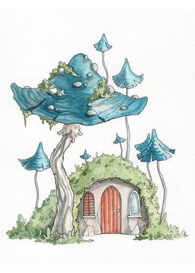 Forest hut with mushrooms