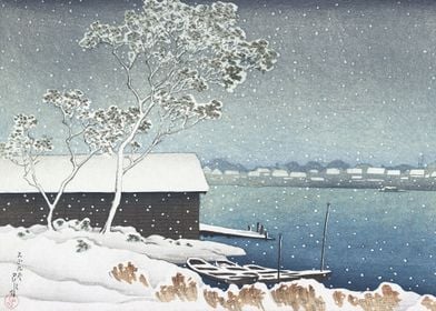 Snow At Shirahige Woodcut