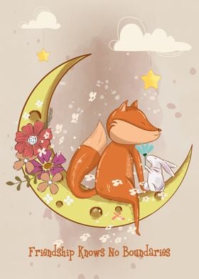 Cute Fox and Bunny on Moon