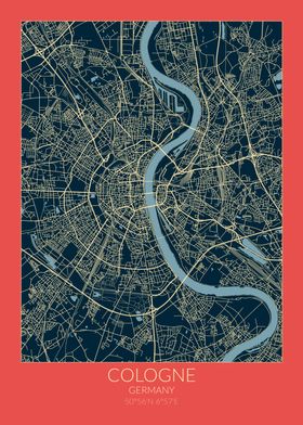 Cologne Map Red Blue