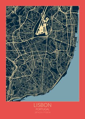 Lisbon Map Red Blue Lisboa