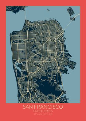 San Francisco Map Red Blue