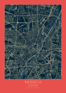 Munich Map Red Blue