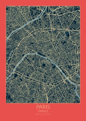 Paris Map Red Blue