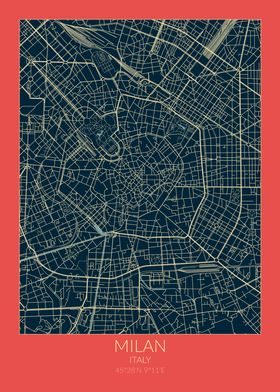 Milan Map Red Blue Italy