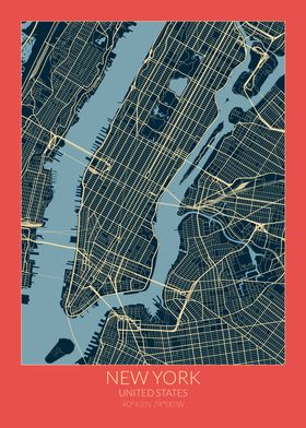 New York Map Red Blue