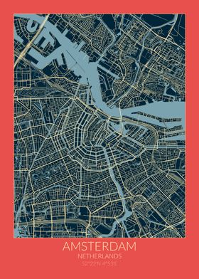 Amsterdam Map Red Blue