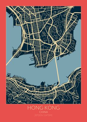 Hong Kong Map Red Blue