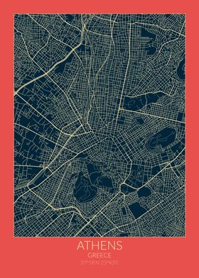 Athens Map Red Blue
