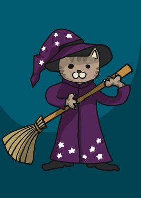 Cat witch with broom