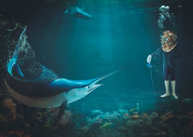 Fencing battle underwater