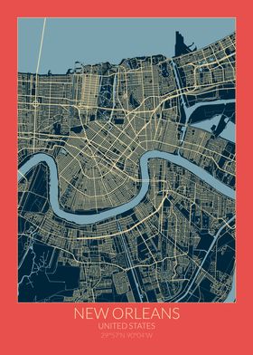 New Orleans Map Red Blue