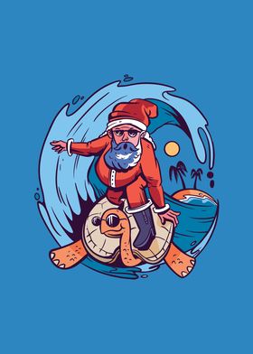 Santa Claus Surfing Turtle