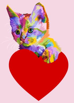 colorful cat hug the heart