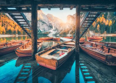Autumn mountain boat lake