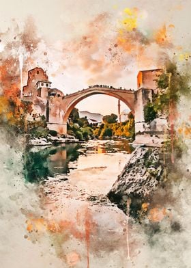 Stari Most in Watercolor