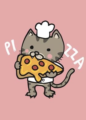 Cat chef eat pizza cartoon