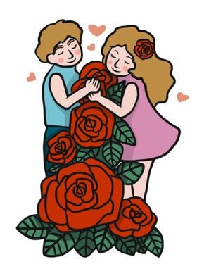 Man and woman hug big rose