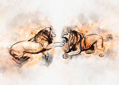 Angry Two Lion Watercolor