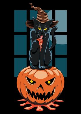 Black cat witch on pumpkin