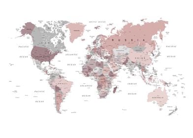 World Map Blush Grey