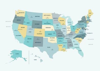 US Map Teal Yellow