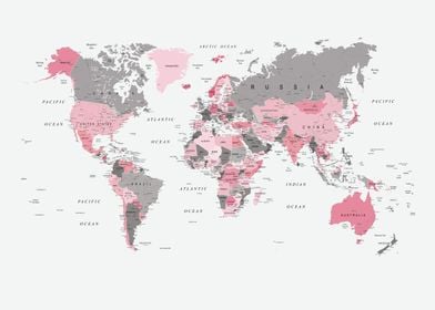 World Map Bright Pink Grey