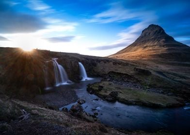 Sunset with waterfall 