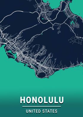 Honolulu Hawaii blue map