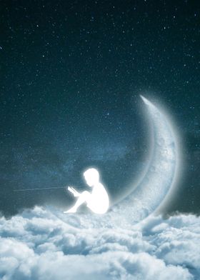 Boy reading in Moon