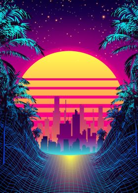 80s Synthwave Sunset City Metal Poster