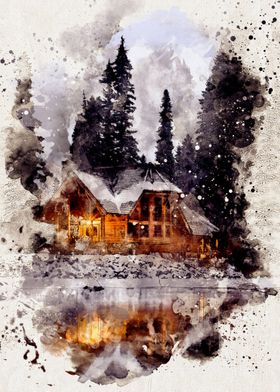 Watercolour Winter Cabin