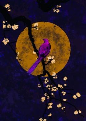 Yellow moon and pink bird