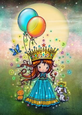 Puppy and Kitten Print Little Princess Whimsical Art by Molly Harrison Cute Little Princess with Balloons