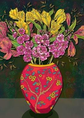 Red Vase with Flowers