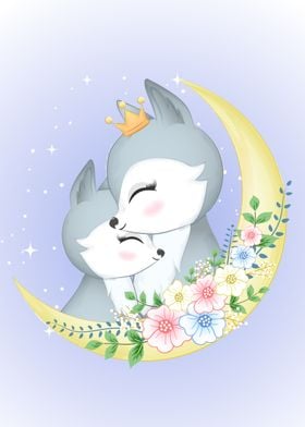 Cute couple fox and moon 