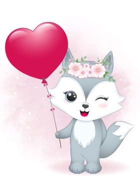 Cute fox holding heart