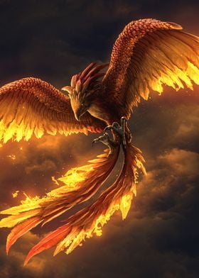 Art Poster Surreal golden mythical phoenix bird & ocean background