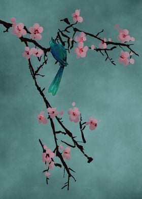 Green bird in cherry tree