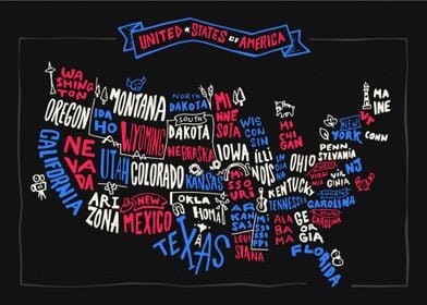 USA Map Handwritten States