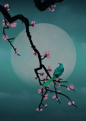 Full moon and green bird