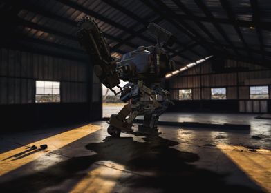 Robot in hangar with skull