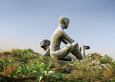 Stone sculptures on grass