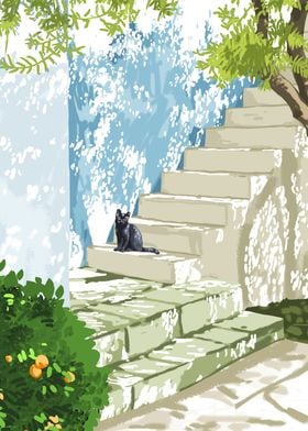 Black cat on the steps