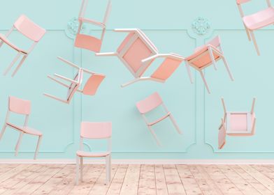 Flying chairs in a room